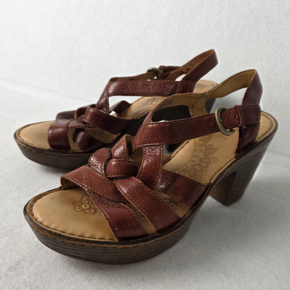 Born Brown Leather Strappy Platform Block Heel Sandals W27835 Womens 8 39